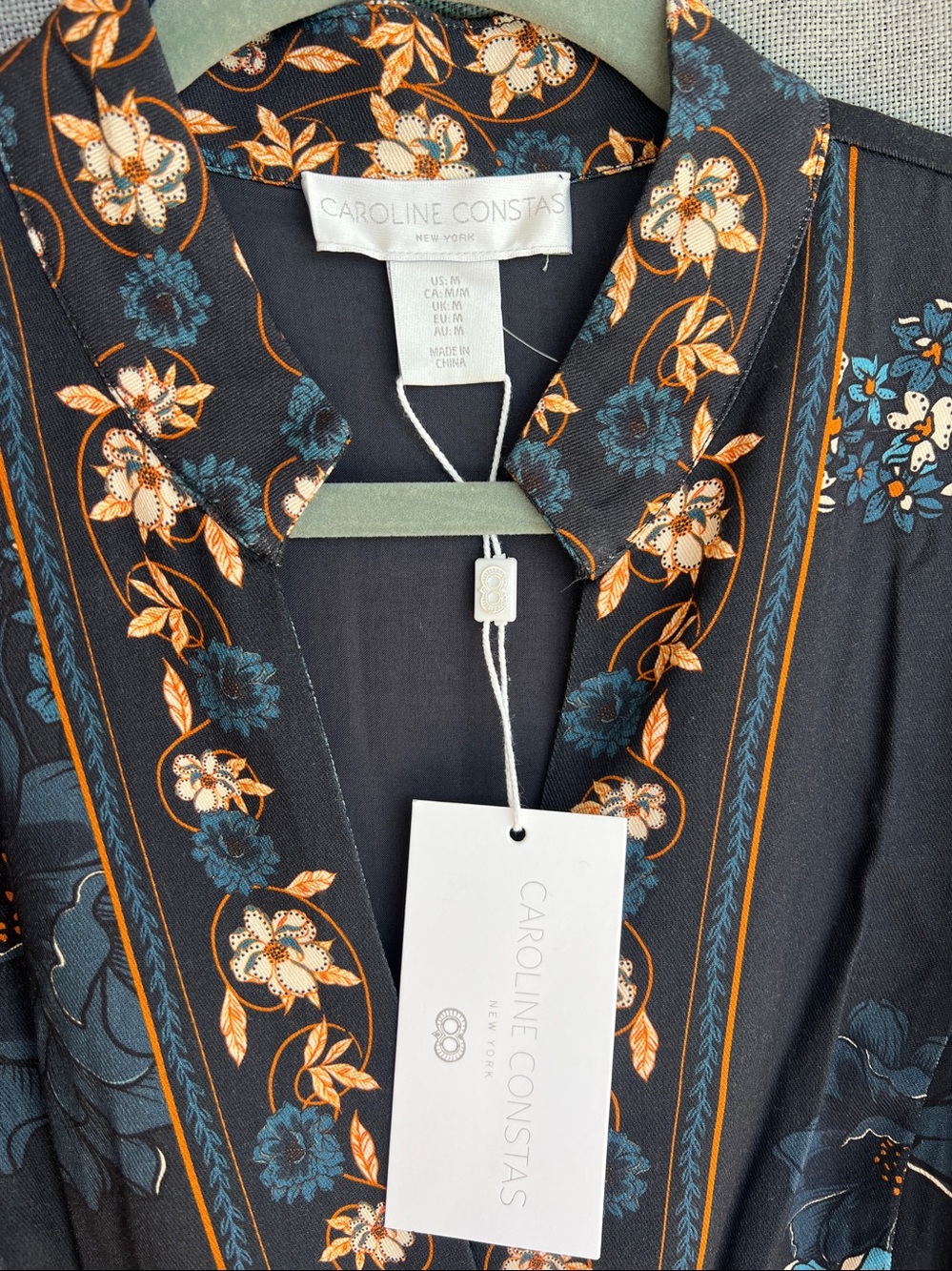 Caroline Constas rayon floral boho long sleeve button down MIDI dress navy - Picture 5 of 16